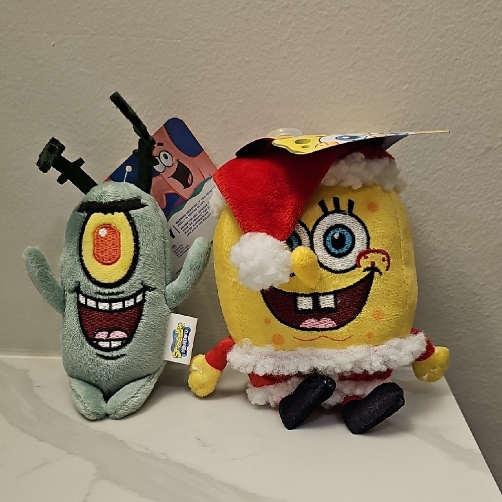 SpongeBob SquarePants 6" Santa and Plankton Plush Duo Pet Toys. NWT.